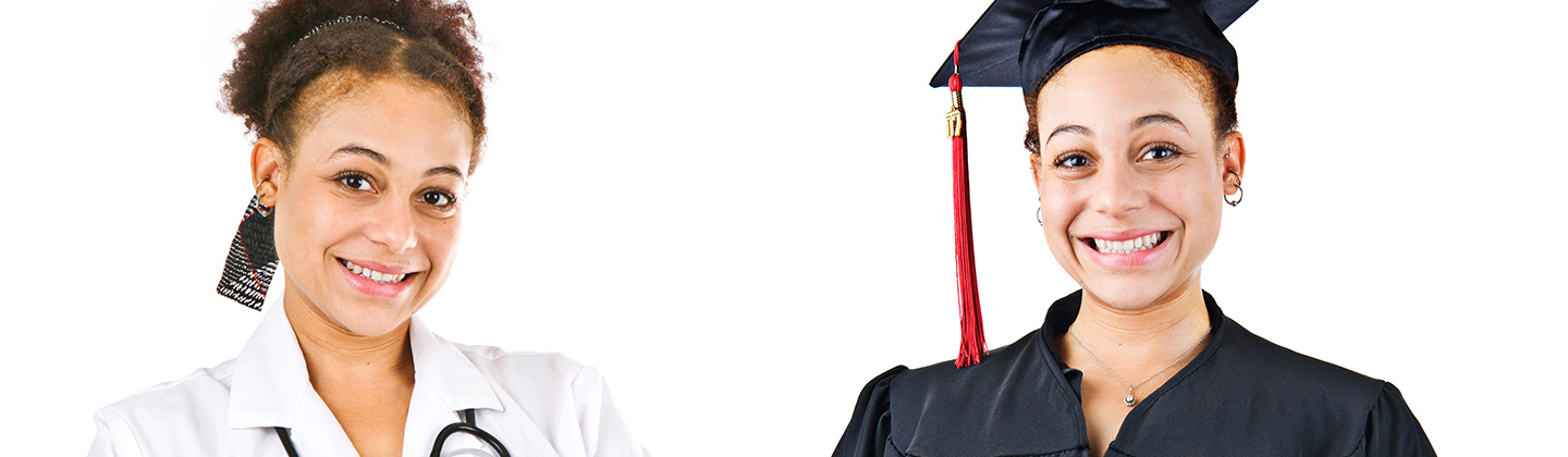 Image features two portraits of the same individual, celebrating her progression through RN-MSN programs. On the left, she is in a white lab coat with a stethoscope, symbolizing her role as a Registered Nurse. On the right, she dons a black graduation cap and gown, proudly holding a diploma with a red ribbon, marking her achievement of a Master of Science in Nursing.