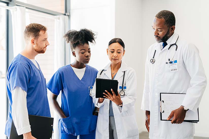 A group of medical professionals looking at a tablet